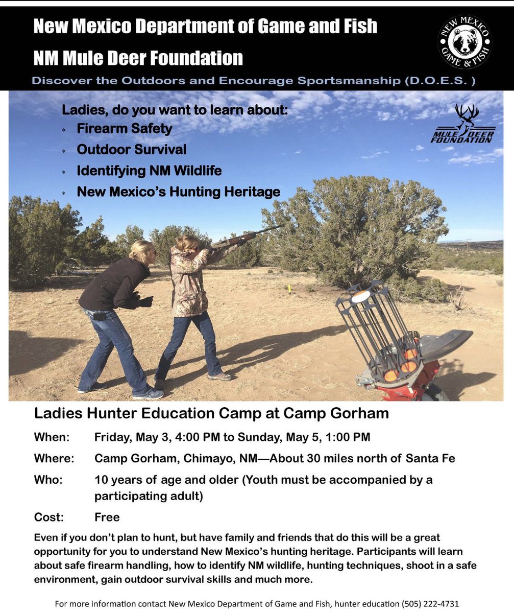 NMDGF's tweet photo. @NMDGF and the New Mexico Mule Deer Foundation ladies program Discover the Outdoor and Encourage Sportsmanship (D.O.E.S.) are hosting a Hunter Education Camp at Camp Gorham north of Santa Fe. #nmhuntereducation @nmmuledeerfoundation
https://t.co/3P0QpcEJ7X https://t.co/7BI4Vnjmn1