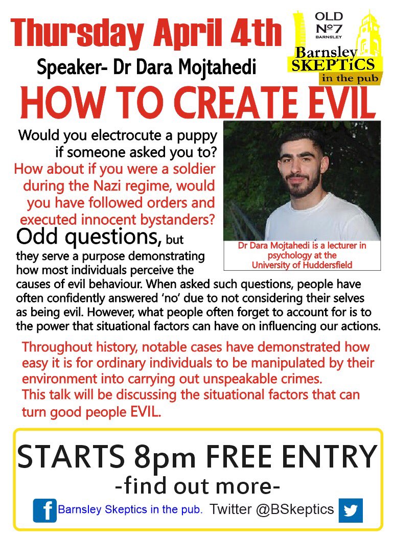 Tonight we have <a href="/darapsych/">Dara Mojtahedi</a> coming to talk to us on “How to Create Evil”
#@OldNo7Barnsley cellar bar, 8pm start, all welcome!