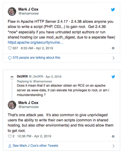CERTXMCO's tweet photo. Un code d’exploitation permettant une élévation de privilège sur Apache va être prochainement publié #CVE20190211 #Ambionics #infosec

https://t.co/lqKudgvIFV https://t.co/OFMrcgXisX
