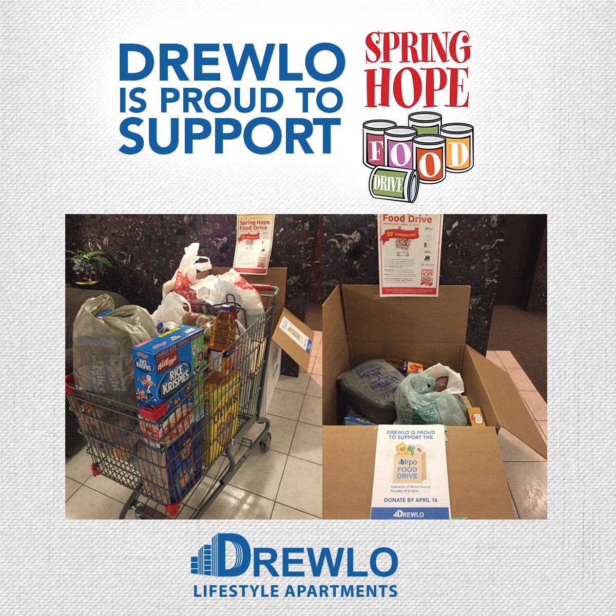 DrewloKITCHENER's tweet photo. All Drewlo buildings are proudly participating in the annual Spring Hope Food Drive.
All tenants are encouraged to donate before April 16
#springhopefooddrive #frpo #lpma #hdaa #drewloliving https://t.co/Veq87nAN1U