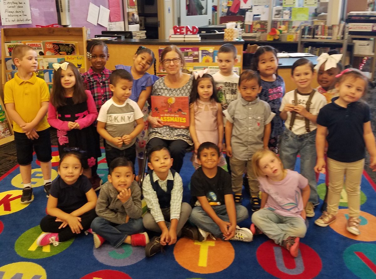 MsReadingham's tweet photo. Just like Penelope 🦖, Ms. Ivy's Pre K students can't wait to go to school.  
They picked We Don't Eat Our Classmates by @RyanT_Higgins as their 2019 Redbud Read Aloud class winner.  #RedbudReadAloud @brownbrosbooks @HayesTeachers @OKCPS @OKCPS_LMS https://t.co/vmBXkn7Y3J