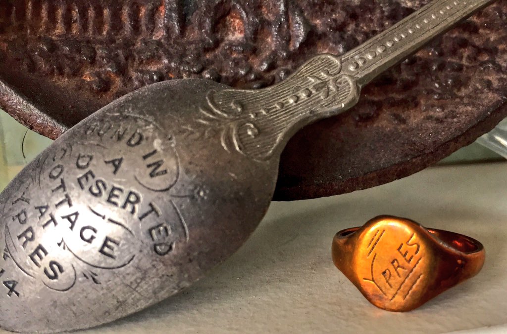 Other souvenirs of war were more personal: what were the circumstances of the recovery of this base metal apostle spoon from ‘a deserted cottage at Ypres’ in 1914? How could we know, or even comprehend  #WW1