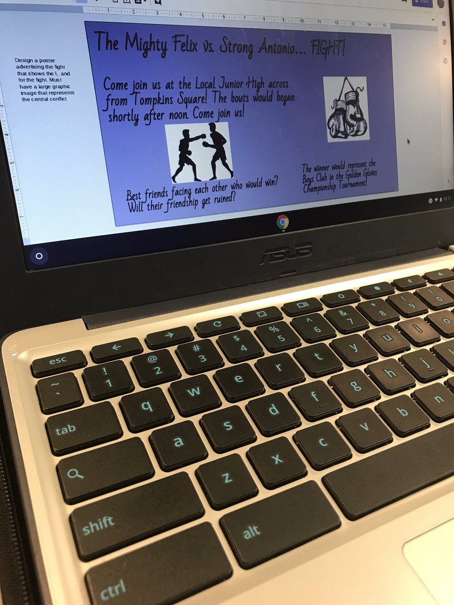 Mrs. Rios’ ELA 7th grade Ss are using choice boards to show how story elements connected to create a central theme in “Amigo Brothers.” They got #creative making #digital posters, storyboards, and news articles, all with #GoogleApps. #d300learns #d300dlc <a href="/APascoEdTech/">Anne Pasco, CETL</a>