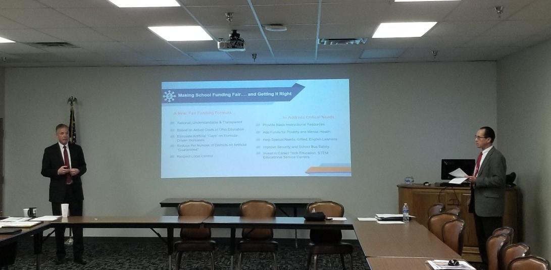 Fair School Funding Plan work group reps Michael Hanlon (Supt or Chardon) and Kevin Lillie (Geneva Schools Treasurer) discuss school funding reform proposal with county Superintendents. #ohioschoolfunding