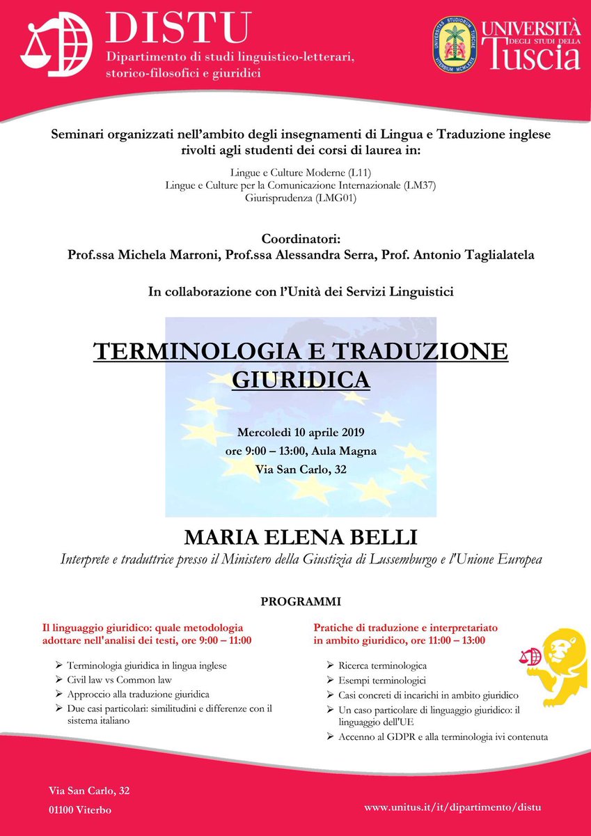 UnitusDistu's tweet photo. Eventi Unitus Distu 👇

Mercoledì 10 aprile alle ore 9 presso l'Aula Magna del Complesso del San Carlo si terrà il seminario "Terminologia giuridica e traduzione giuridica", organizzato nell'ambito degli insegnamenti di Lingua e traduzione Inglese.

#WeDistu 📚 https://t.co/ABvNJLlWim