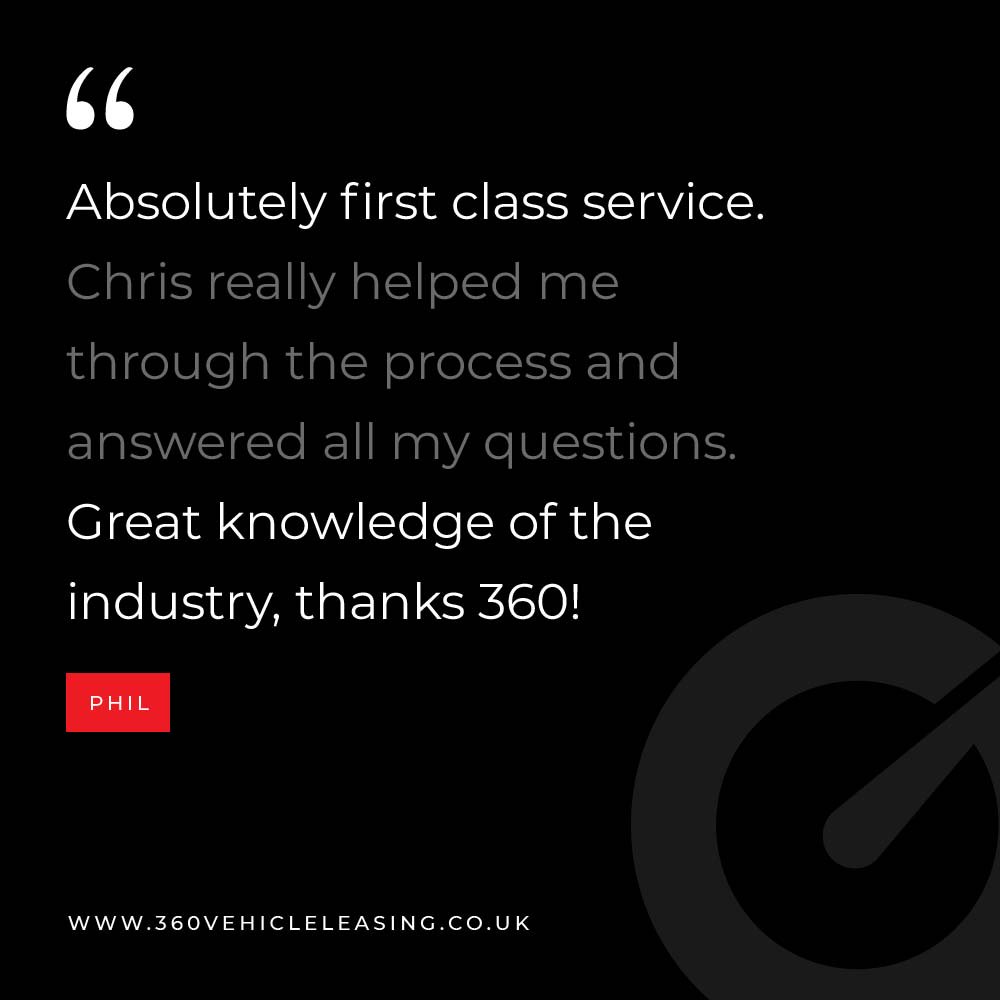 Thank you for the fantastic review Phil! 👍

For out latest deals visit 360vehicleleasing.co.uk  or give us a call on 0161 478 4330 to enquire  ☎️
#360VM