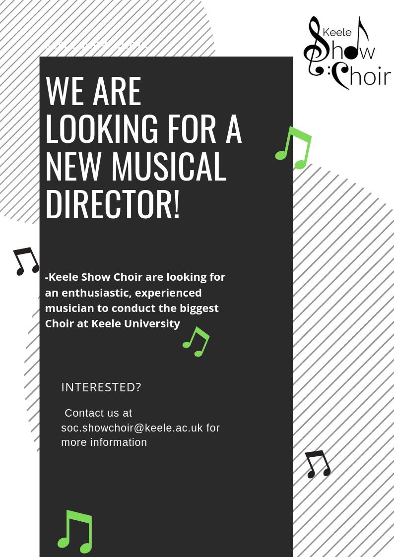 ShowChoirKeele's tweet photo. Keele Show Choir are recruiting for a new Musical Director. 

If you are an experienced conductor, who's enthusiastic about music making, then we'd love to hear from you.

To apply for this position please email your CV and cover letter to soc.showchoir@keele.ac.uk https://t.co/Zr0sYYX67I