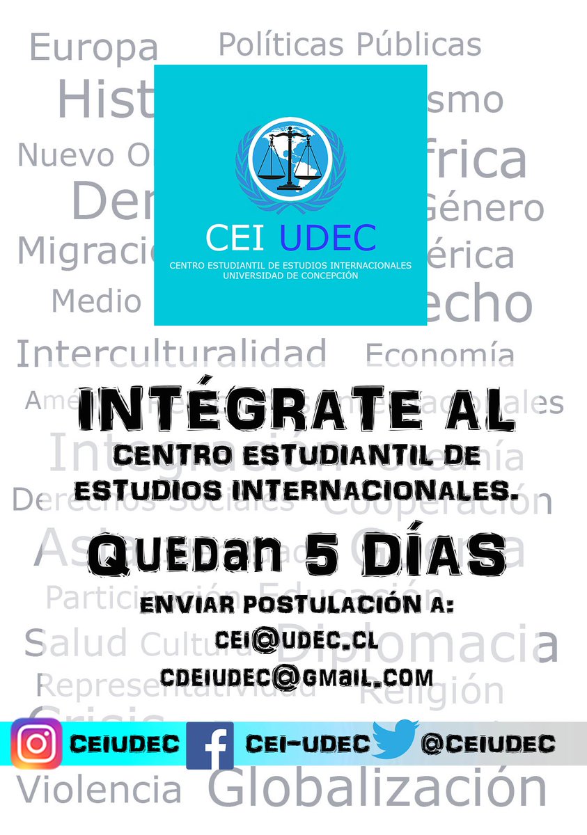 CeiUdec's tweet photo. RECORDAMOS QUE LA CONVOCATORIA A NUEVOS MIEMBROS 2019 SE ENCUENTRA ABIERTA HASTA EL 09 DE ABRIL.

Envíanos un mensaje directo por nuestras RRSS:

- Para confirmar envío de la postulación.
- Solicitar más información y responder dudas. 
- Sugerencias y/o invitaciones. https://t.co/2LM5eCfDBt