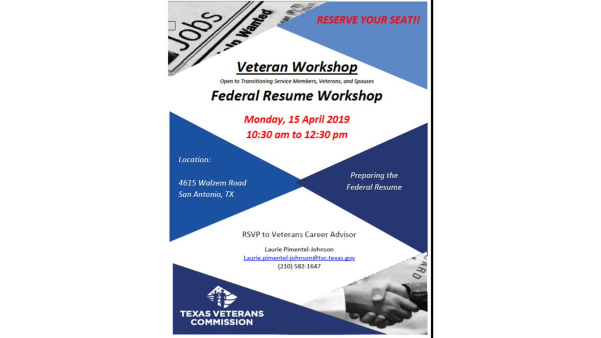 TXVeteransDOC's tweet photo. Ladies and Gentlemen, a Federal Resume Workshop at Walzem Workforce Solutions. #veterans #militaryspouses #transitioningmilitary #careers https://t.co/nkws1MW25o