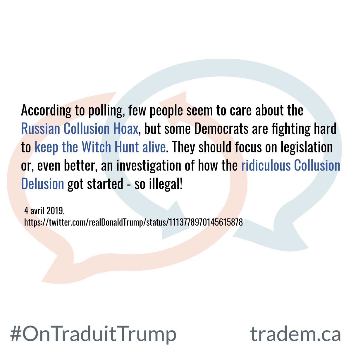 TrademComm's tweet photo. On profite de la crisette matinale de Trump sur Twitter pour ressortir le défi #OnTraduitTrump!
Objectivement, il faut avouer que les gazouillis de Trump sont fascinants pour le traducteur.
Comment traduiriez-vous celui-ci? (Remarquez bien les passages en bleu!) https://t.co/TW65WGcDNR