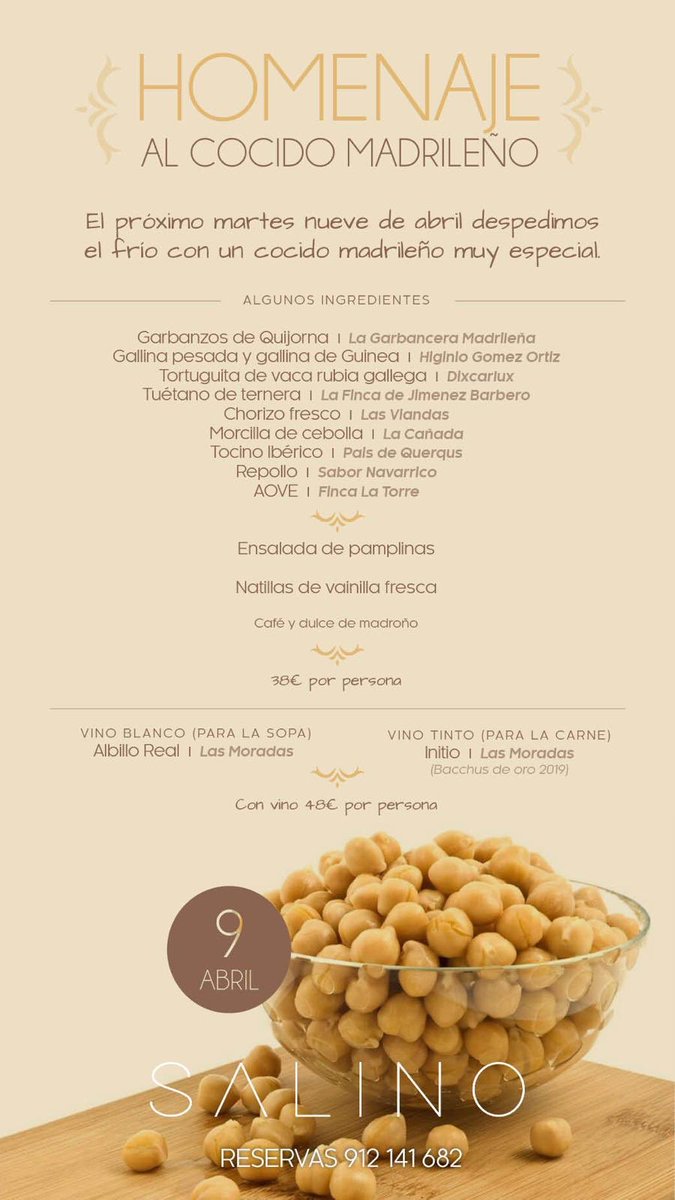 Muchos clientes y amigos nos lo habéis pedido y aquí lo tenéis. El próximo MARTES día 9 de ABRIL, le haremos nuestro particular “homenaje al cocido madrileño” 
Un cocido súper especial, en el que cada ingrediente está escogido a conciencia. Os esperamos
Reserva ya 912 141 682