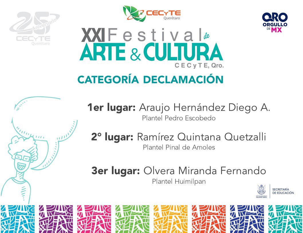(1/2) Presentamos a los ganadores de cada categoría en el XXI Festival de Arte y Cultura de #CECyTEQro. Les enviamos una felicitación a todos ellos por su excelente participación y por representar con orgullo a su plantel. #EducaciónQro  #OrgulloCECyTEQ #CECyTEQ25Años