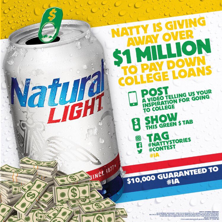 BudDport's tweet photo. ATTENTION COLLEGE SENIORS ‼️
Do you want to win a $10,000 scholarship from @naturallight ??

Someone in Eastern Iowa in guaranteed to W I N so share those stories!! 

Here’s how ⬇️

*Competition ends May 4.
#nattystories #contest #ia https://t.co/Trhc2j47xr