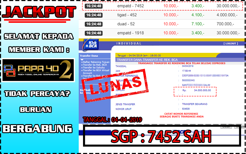 LPapa4d's tweet photo. MENANG TOGEL DI PASARAN SINGAPORE | Result 7452 SAH !!
4D x 10.000
3D x 10.000
2D x 10.000
TOTAL KEMENANGAN : 34 Juta >> Dibayar lunas di situs #PAPA4D2
Link Daftar >> https://t.co/IOWbAFuQYN
#togel #togelsingapore #bandartogel #togelonline #JudiOnline #AgenTogel #papa4d https://t.co/jLuTC5CH0X