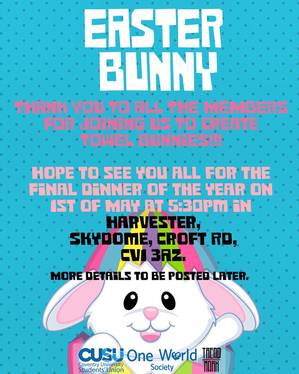 oneworld_cusu's tweet photo. Thank you all for attending the last Tuesday’s meeting.Hope everyone will have a wonderful Easter break! Next and final meeting of the year will be on the the the 1st of May at HARVESTER!  
Don’t forget to get you Rome tickets! More details in the email! 
#cusu #oneworldcusu https://t.co/eRkUQZRhqp