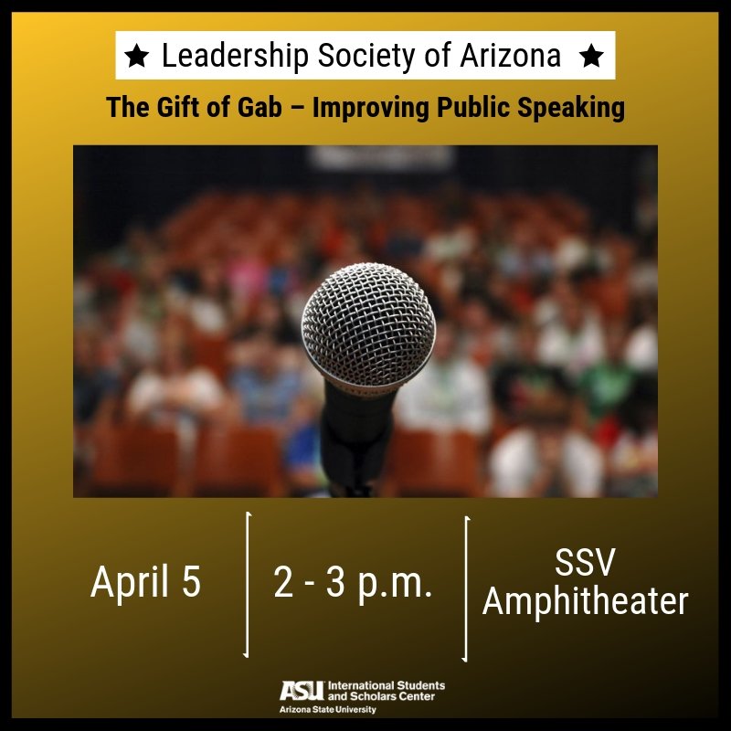 ASU_ISSC's tweet photo. Does public speaking make you nervous?! The Leadership Society of Arizona is back with yet another amazing workshop! Join them this Friday from 2 - 3 pm at SSV Amphitheater for an exciting workshop on public speaking!
#ISSC #LSOA https://t.co/siADBT0QKQ