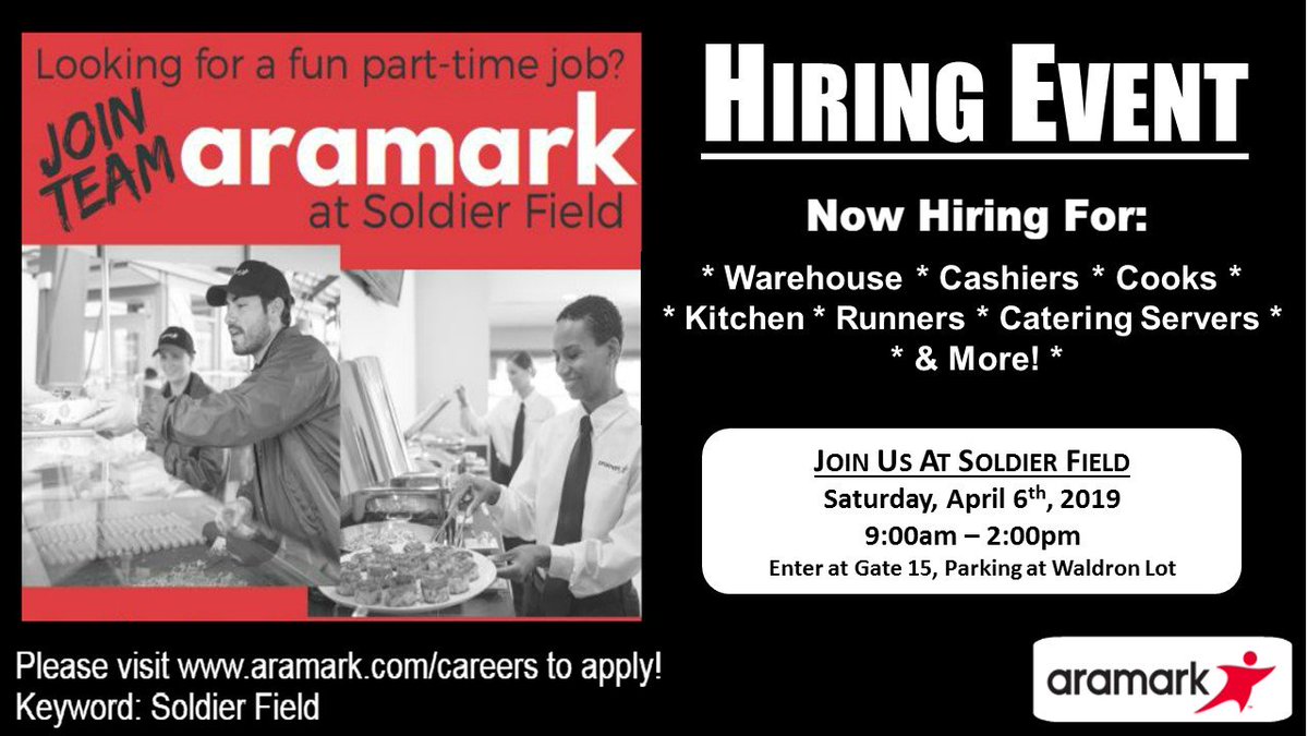 SoldierFood's tweet photo. #GETHIRED! Join us at Soldier Field this Saturday (4/6) from 9am-2pm for our Hiring Event! Parking available at Waldron Lot, please enter through Gate 15. Hope to see you there!

#Chicago #Jobs #Jobseekers #NowHiring #Aramark #SoldierField #ChicagoBears https://t.co/EJa3KdGwRk