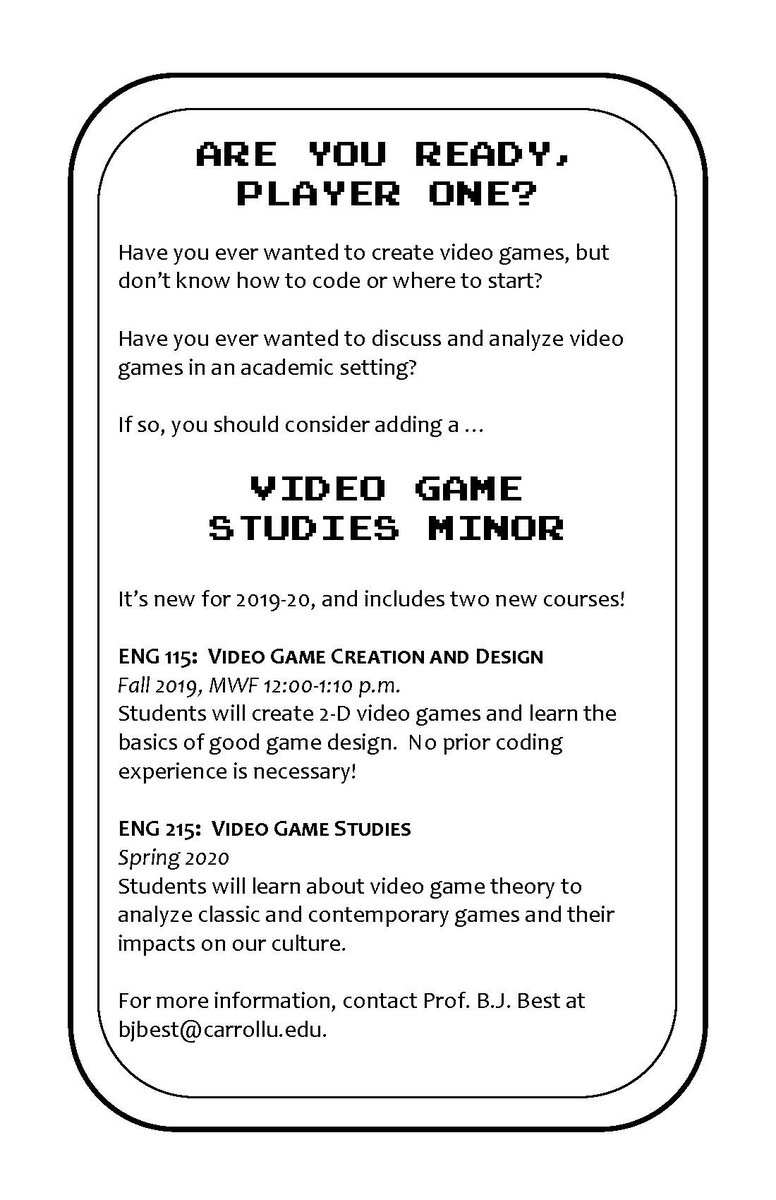 Have you ever wanted to create video games, but don’t know how to code or where to start?  Have you ever wanted to discuss and analyze video games in an academic setting?  If so, check out the Video Game Studies minor! #carrollu #CUExplore #FuturePio #PioSoc <a href="/CU_Advising/">CU AdvisingCenter</a>