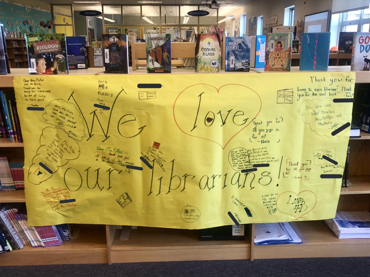 UESLibrary's tweet image. Thank you so much students in @mrscdemore's class for making us this amazing poster for #NationalSchoolLibrarianDay!! @lisa_lisa2122  #welovewhatwedo 😍📚
