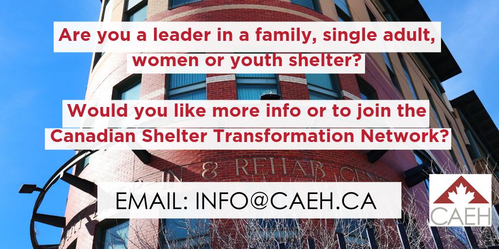 Did you hear? We're working with shelter leaders to form the Canadian Shelter Transformation Network, a peer-led network dedicated to supporting the transformation of #homeless shelters through research, training &amp; peer learning.

Watch for more in April: caeh.ca/shelter-become…
