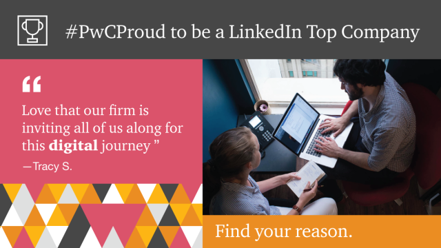 amysfrazier's tweet photo. The @LinkedIn Top Companies list once again includes PwC! See the full list here: https://t.co/Oz0n2oxpHI https://t.co/CfrVGdPzv6