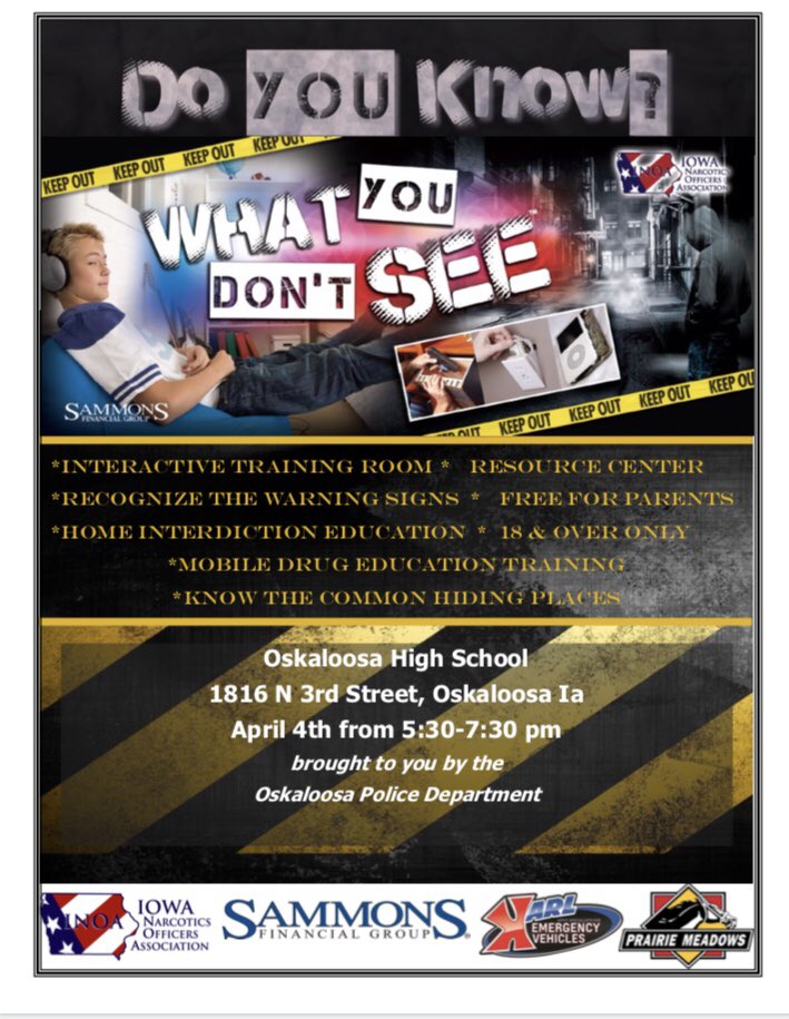 Tonight at PBL night! The Iowa Narcotics Officers Association has created a traveling trailer to teach parents and other adults how kids may be concealing drug use. It’s called the “What You Don’t See” project.
ONLY open to parents or guardians 18 and older. <a href="/oskyhighschool/">Osky High School</a>