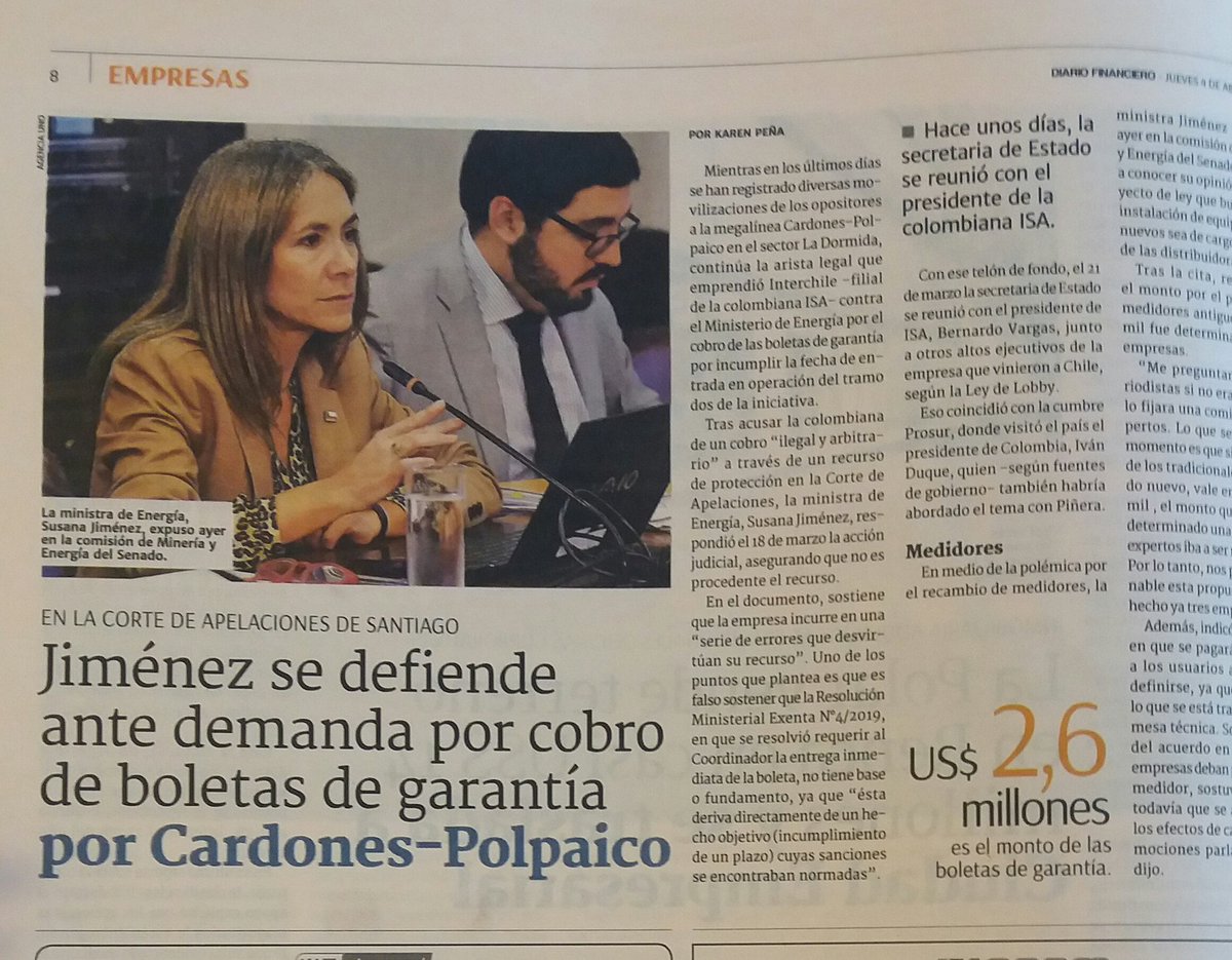 Lefara's tweet photo. @DFinanciero entrega articulo donde muestra que @susanajimenezs ministra de @MMAChile se habria reunido con Presidente de #IsaInterChile. Somos miles los chilenos  afectados por #CardonesPolpaico que nos hubiese gustado reunirnos con la ministra. @LibredeTorres @SlvmoslaCampana https://t.co/IqvcV5uQqJ