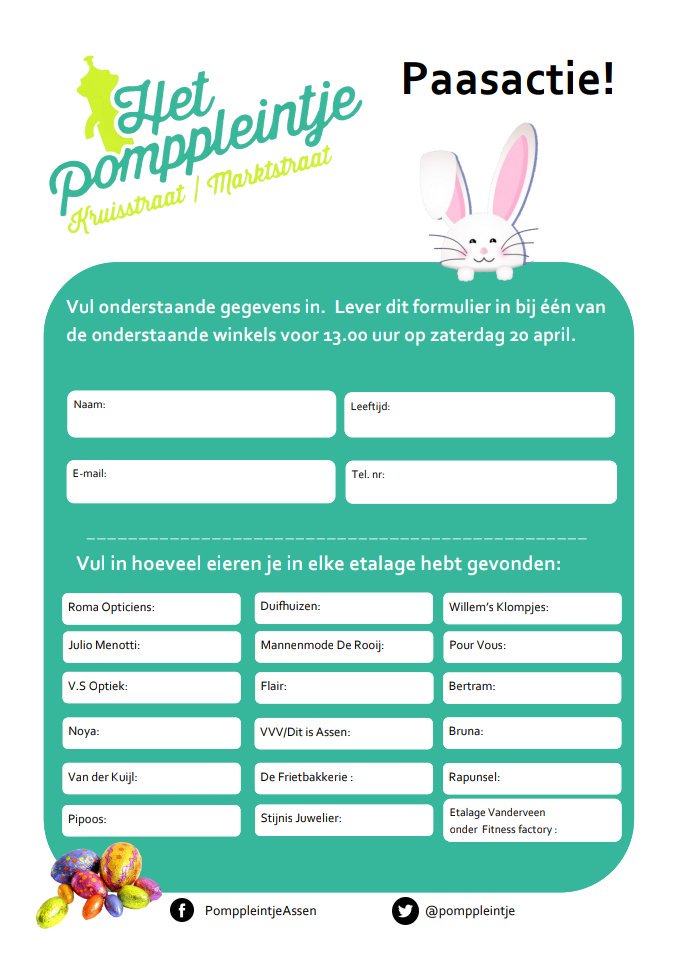 Pompplein's tweet photo. HET POMPPLEINTJE PAASACTIE!
 
V.a. zaterdag 6 april kunnen kinderen in basisschoolleeftijd weer eieren zoeken in de etalages vd zaken rondom het Pomppleintje. Ook haal je hier je wedstrijdformulier! Wil jij die héérlijke prijs winnen? Doe dan mee! #winnen #pasen #Assen #paashaas https://t.co/f5ZVVNlMZU