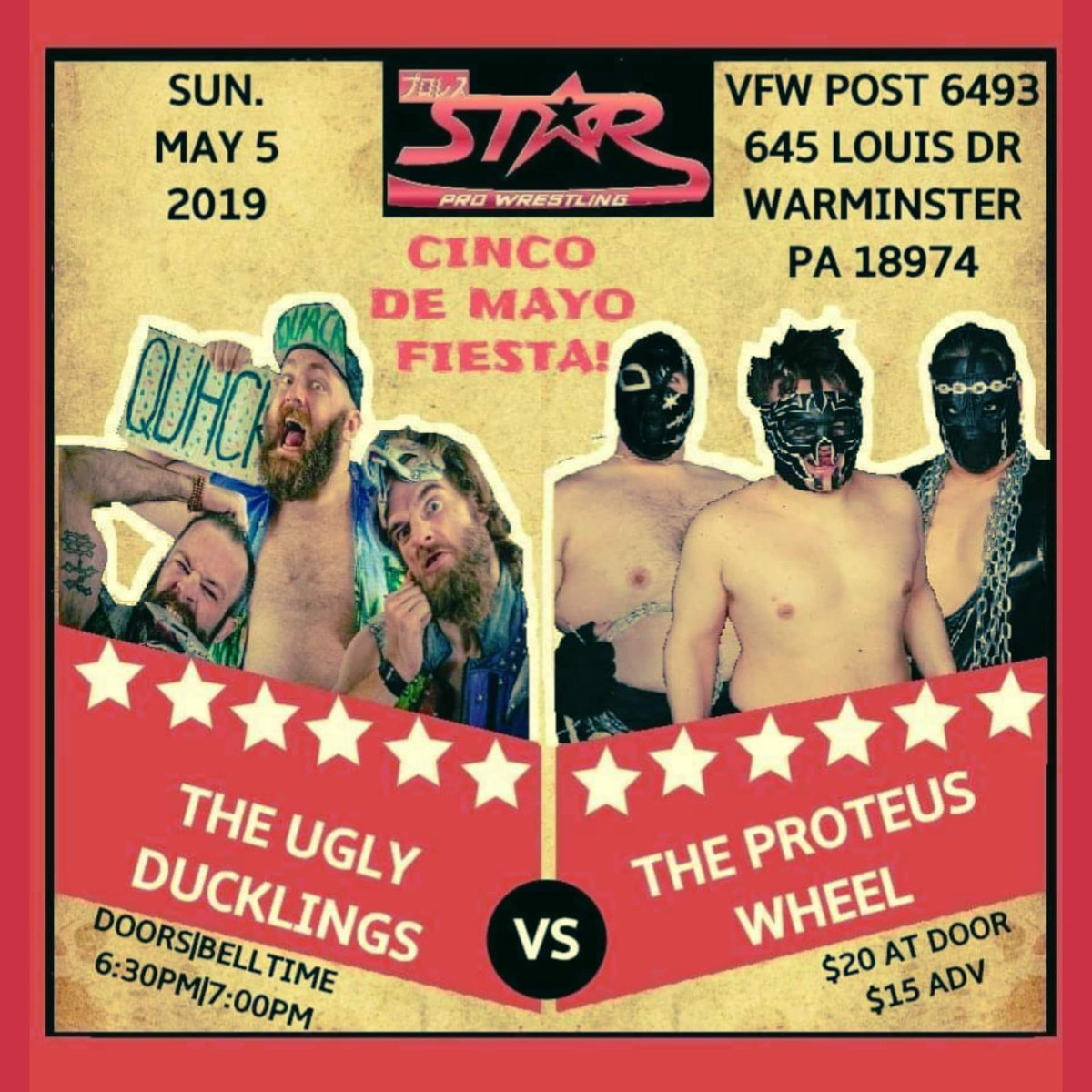 STARProLLC's tweet photo. On May 5th the outrageous meet the shocking as The Ugly Ducklings collide with @ProteusWheel at our Cinco de Mayo Fiesta! Get your tickets right here: https://t.co/3PYOC04ItB https://t.co/QT87zXymWu