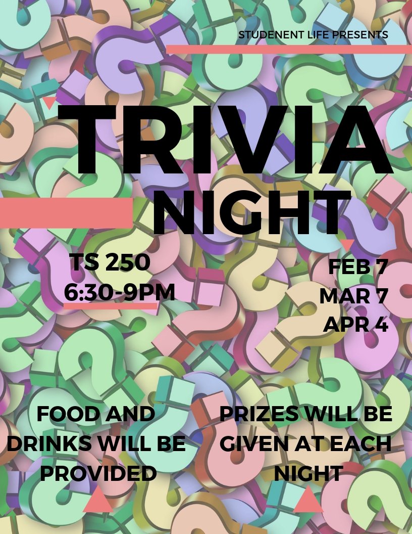 Join Merancas Student Life and SGA for Trivia Night tonight! Trivia will be on pop culture, the different presidents, and the student services at CPCC.  You will have three chances to win a gift card to Subway! #cpccstudentlife #merancassga #mightymerancas