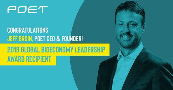 WaltherRob's tweet photo. Congratulations @POETbiofuels CEO &amp; Founder Jeff Broin. Today he was recognized for his pioneering spirit with the Global Bioeconomy Leadership Award at this year's #ABLC2019. Proud to work for a company that is changing the world each &amp; every day. https://t.co/KdgaQ3Oh1d