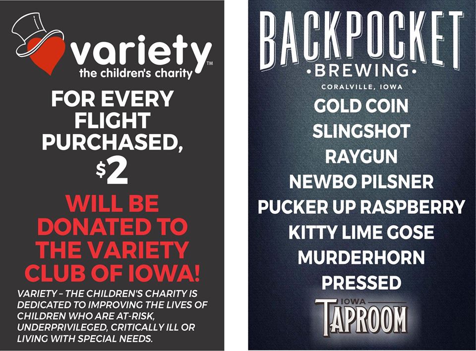 Excited to partner with <a href="/BackpocketBrew/">Backpocket Brewing</a> and <a href="/IowaTaproom/">The Iowa Taproom</a> for the month of April. $2 from all flights are donated back to Variety.
#SupportVarietyKids
