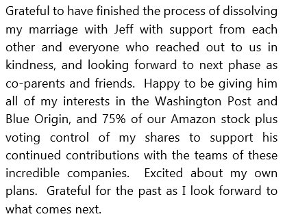 MacKenzie Bezos message on Twitter re: her divorce from Jeff Bezos