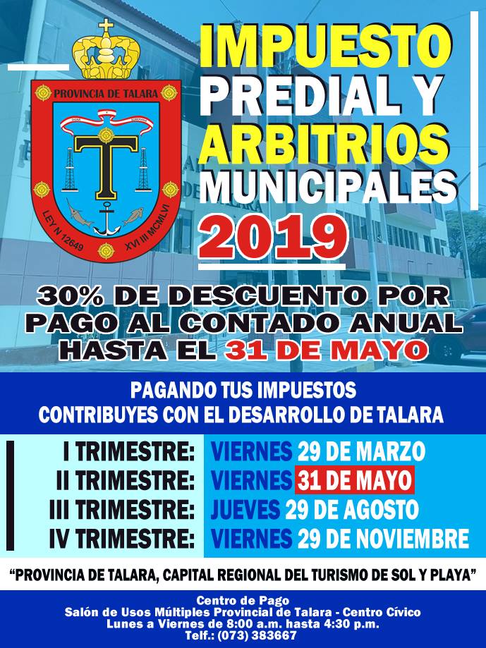 muni_talara's tweet photo. 👉 Paga tus impuestos municipales a tiempo, y consigue tu descuento del 30%. 👍 https://t.co/SLJPQXQkFH