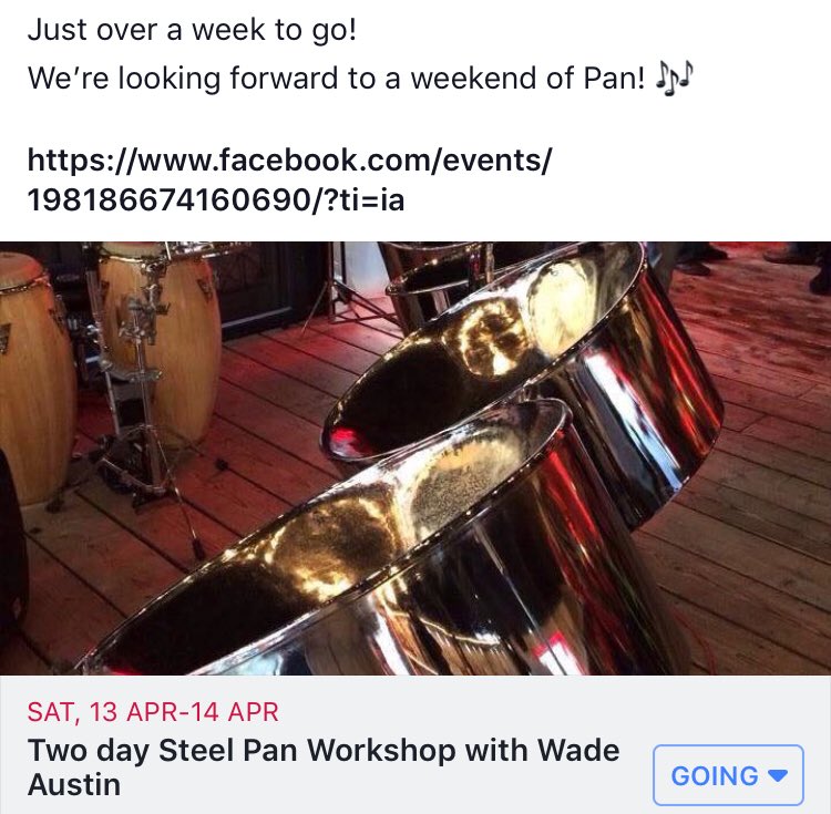 dewamusic's tweet photo. Just over a week to go!
We’re looking forward to a weekend of Pan! 🎶
#SteelPan #SteelBand #Music #SteelPanMusic #TwoDayWorkshop #Workshop #Lessons #Class #WadeAustin #Tutor #Teacher #Musician #Performer #Broxbourne #Hertfordshire https://t.co/5hwq0fMCva