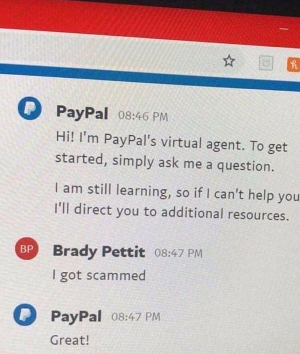 WinningJohn's tweet image. Well, @PayPal got this one wrong. This is why we need #AI to work alongside humans, not instead of them. #chatbotfail