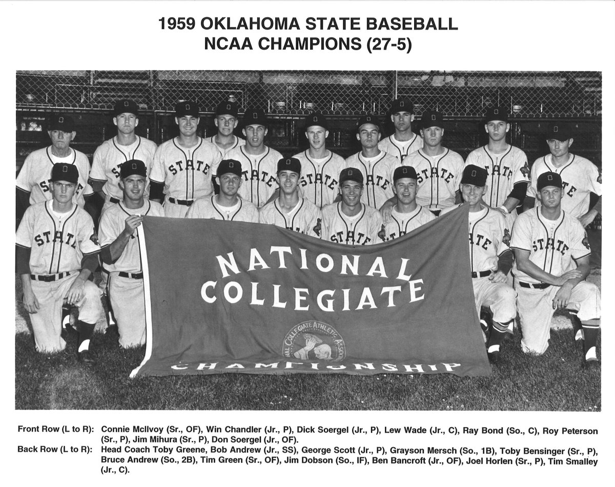 OSUBaseball's tweet photo. Looking forward to welcoming members of our 1959 NCAA championship team and their families to Stillwater this weekend. Read about the team's run to the title through the eyes of former #okstate radio voice Bill Platt: https://t.co/zvEW8RucBM https://t.co/Xk4YwPvXBS