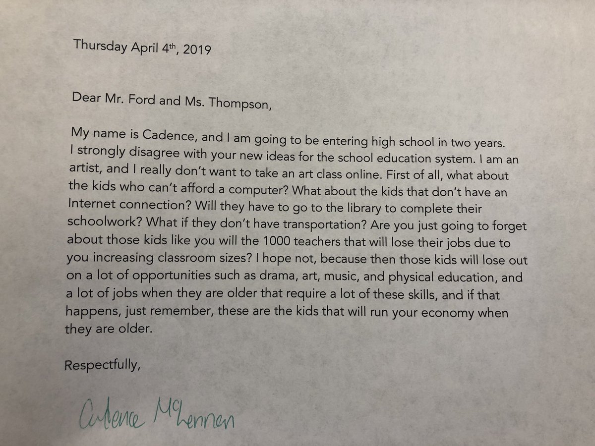 Couldn’t be more proud of my daughter as she participated in  #StudentsSayNo by writing a letter to <a href="/fordnation/">Doug Ford</a> and @LisaThompsonMPP opposing their proposed education changes. Our children deserve so much more than this! #ETFOStrong #resist #CutsHurtKids