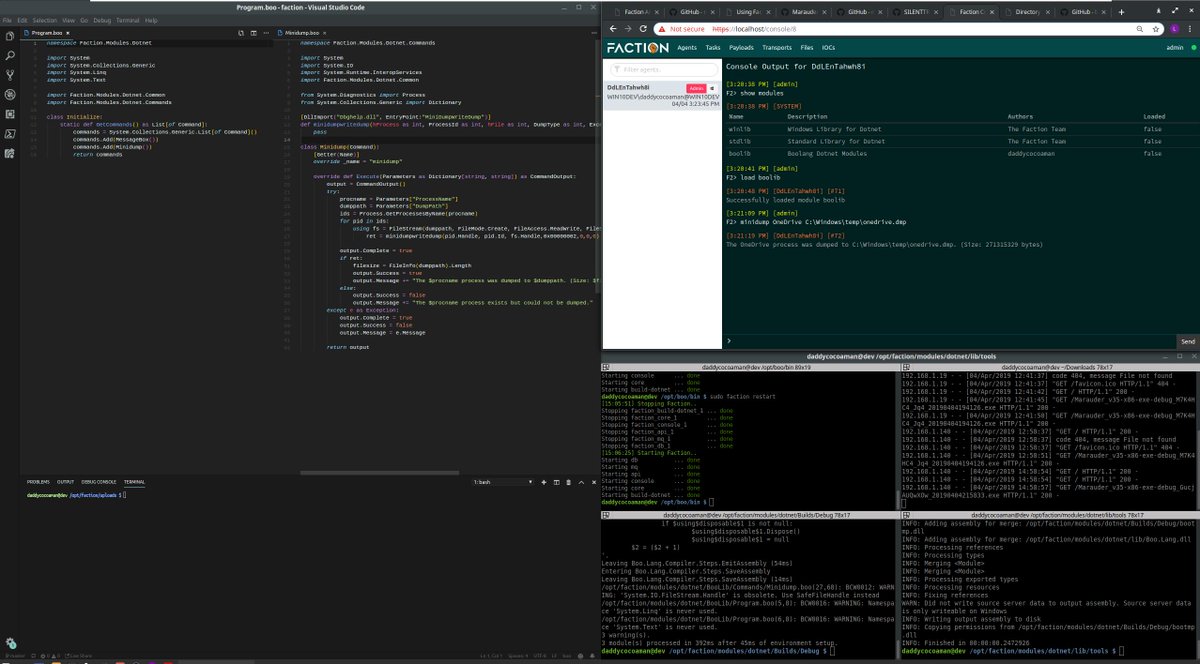 mcohmi's tweet photo. Been looking over @FactionC2 a bit in order to see how difficult it might be implement other .NET languages for non-C# conformists. Took a little while to understand the mechanics but managed to add #Boolang as part of the dotnet builds.
Shoutout to @jaredhaight and team. https://t.co/ybUdZocT0t