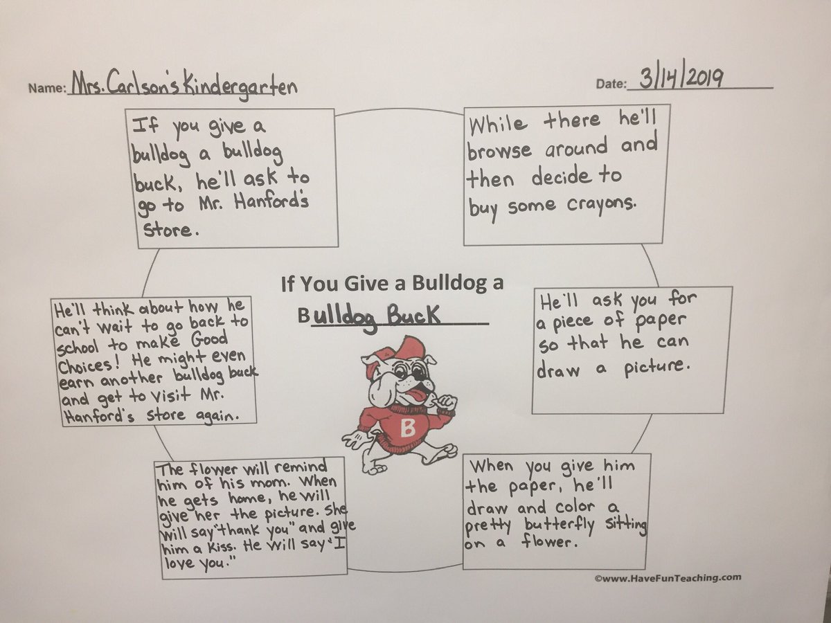 GoodmanBesece's tweet photo. If You Give a Bulldog a b....Cause and Effect extension activity from this year’s Reading Festival! Talented K &amp; 1st graders! @Bryan_Bulldogs @hubofschool @HCPSElemELA @AchievementSch #creativewriting #BryanStrong https://t.co/eB274xelpe