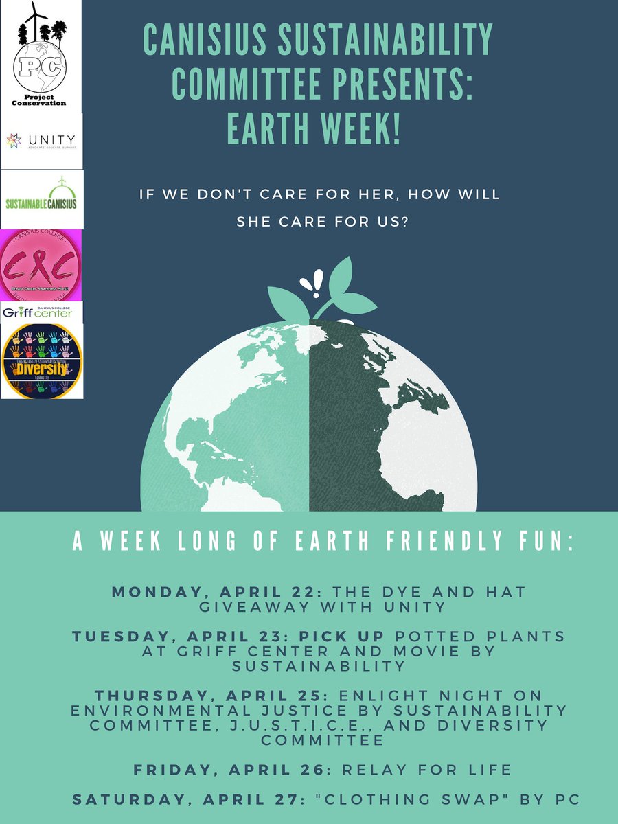 CanisiusPC's tweet photo. Hello, fans of PC and @GreenCanisius here are two events to look for the near the future that will be happening soon on campus. Our Annual Clothing Swap and Earth Week!! Be on the lookout for tweets and also check our @instagram page too!! 💚 ☮️ 🌎 ♻️ 😎 https://t.co/lpqZspENrY