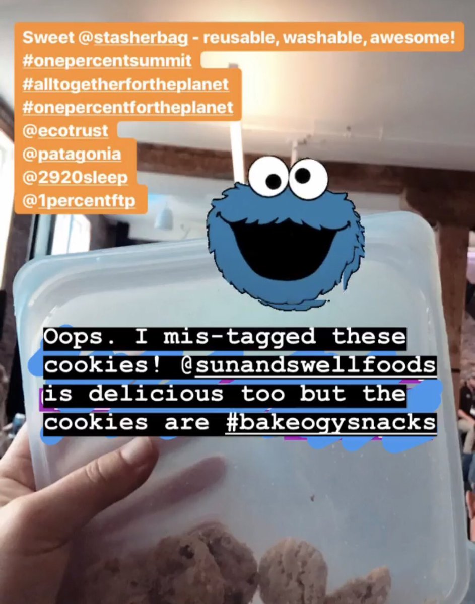 Thanks <a href="/stasherbag/">Stasher</a> for the sweet reusable and washable ziplock bag! And it’s filled with cookies 😍 by <a href="/bakeology/">Bakeology</a> - they are sooooo good. 

#onepercentsummit
#alltogetherfortheplanet
#onepercentfortheplanet
@2920sleep
@ecotrust
@1percentfortheplanet
@hotteamedia