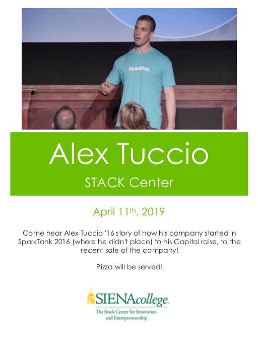 Join us April 11th to hear how Alex Tuccio turned his company from not placing at Spark Tank to the success he has now! Oh and also enjoy some FREE pizza!