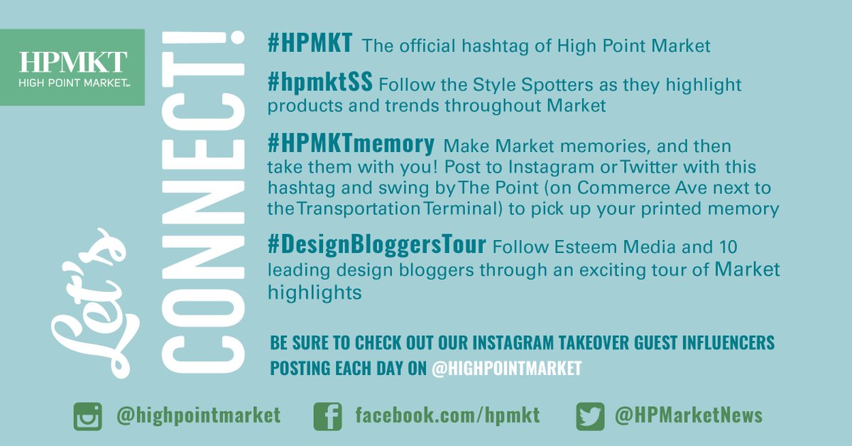 HPMarketNews's tweet photo. Let’s Connect! We look forward to seeing you in person in a couple of days, and connecting with you on social media. Be sure to tag #HPMKT when you post and follow along with our programs and tours using these hashtags. See you soon! #hpmktSS  #HPMKTmemory #DesignBloggersTour https://t.co/wnvCxKfwXV