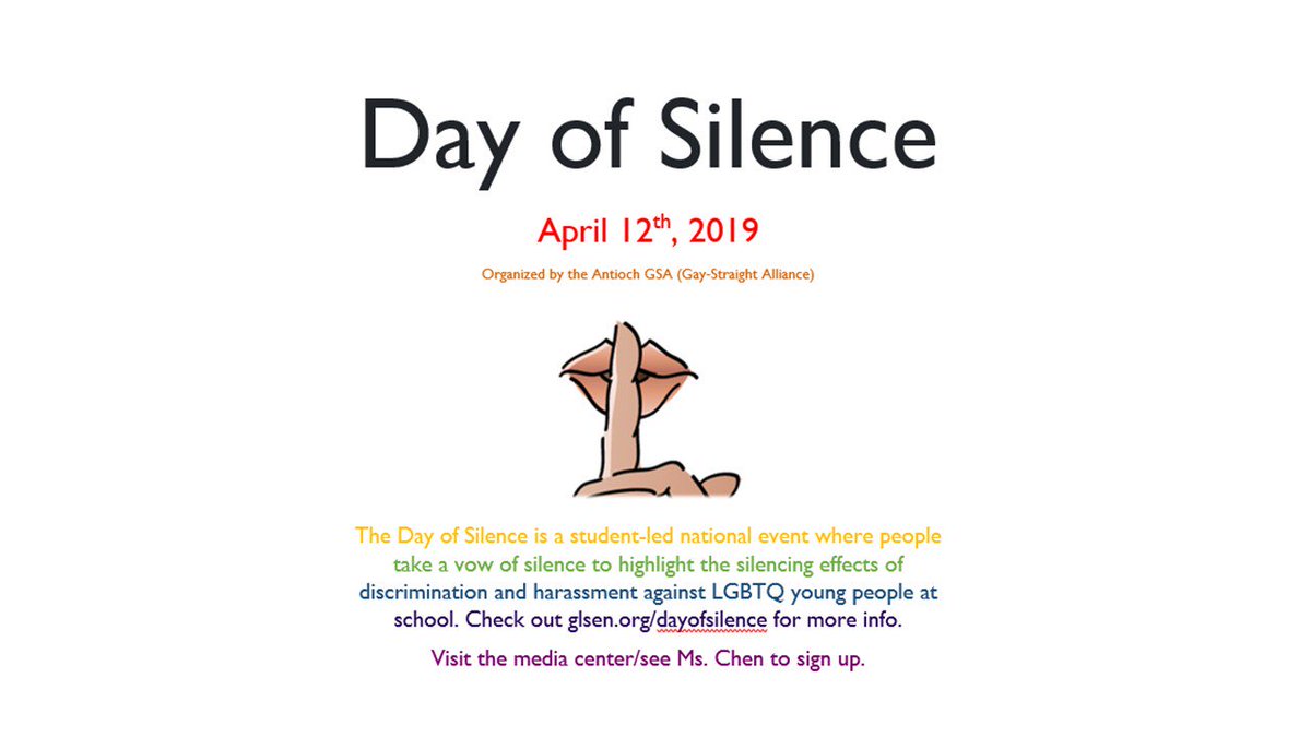WeAreAntiochHS's tweet photo. Please see Mrs. Chen in the Media Center to learn more about, Day of Silence! #transformantioch #bearfamily https://t.co/Msf2IZzBXH