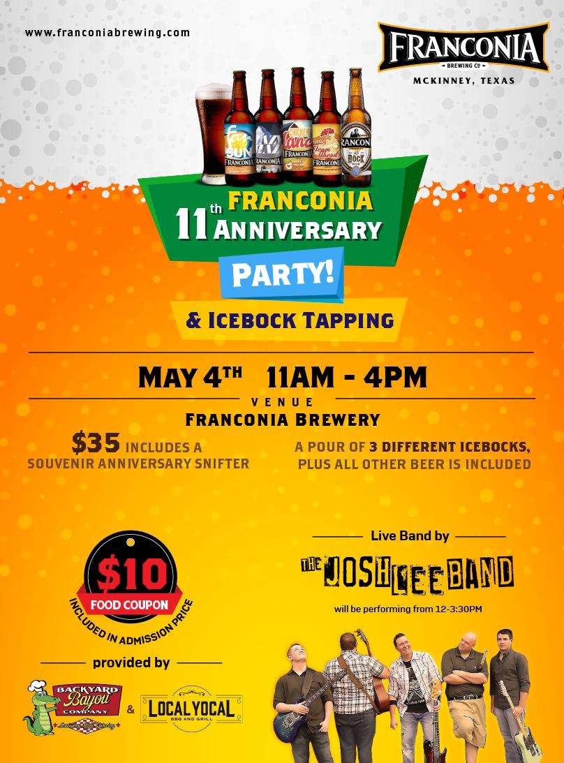 FranconiaBrew's tweet photo. Come join us @Franconiabrew May 4th to help celebrate 11 years! Here is the link for tickets...https://t.co/dPiubqO6lX #11years #thebierfromhere #icebock #thejoshleeband #localyocal #backyardbayoucompany https://t.co/ZC2oXJLQoE