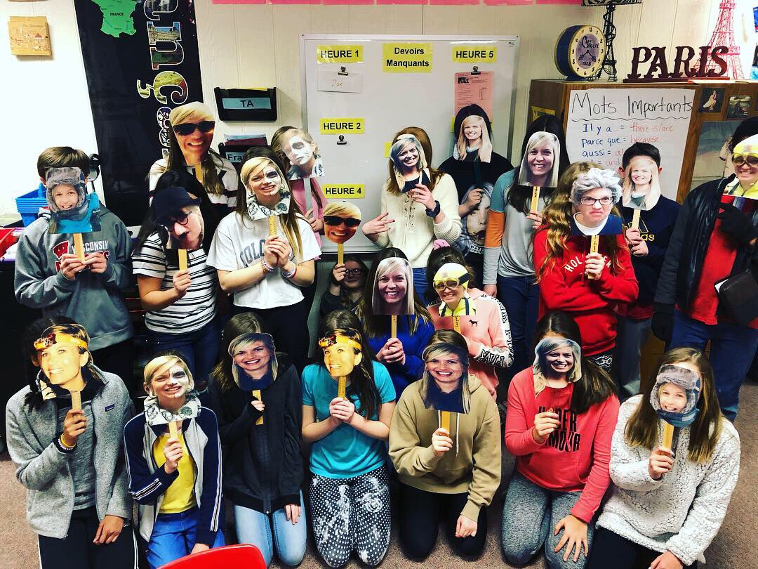 Reesebe12's tweet photo. Exploratory French class getting the Exploratory Spanish class back with Señora Arendt faces.  👵🏻 👩🏻 #cfwl #cfmsrocks #mightycardinals @RachelArendt https://t.co/3qYsCaIJTk