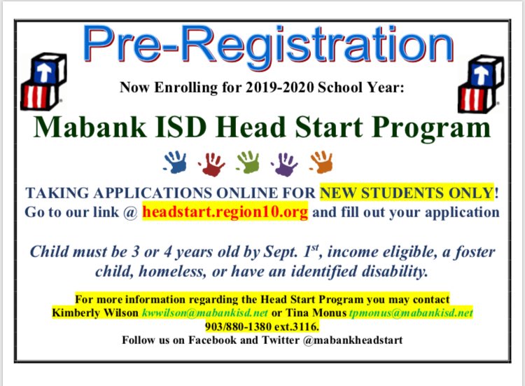 MabankHeadStart's tweet photo. Do not wait! Apply now, spots are filling up quickly for our 2019-20 school year. @MISDLakeview  @MISDSouthside @central_mabank https://t.co/9bLBxZv66e