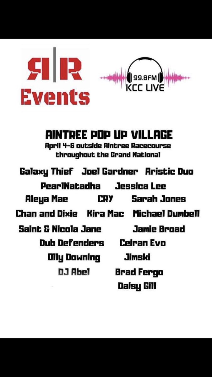 jamiebroadmusic's tweet image. If you’re about Aintree on Saturday you can catch me performing some tracks at the pop up village with @KCCLive I’m on from half 1 but plenty going on - plus a set at 1 from @saint_lp an @nicolajanemusic - not to be missed
•
#jamiebroad #live #kcc #aintree #grandnational #races