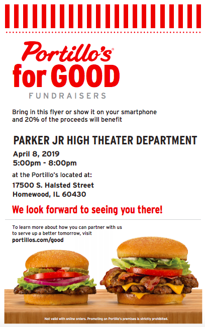 PJH_Reads's tweet photo. Dine &amp; Donate! Support the Spring Musical! Mon. April 8th,  5-8pm. Bring the attached flyer, show it on your phone, mention us (Parker Jr. High Theater Department) when you pay inside or before you start your drive through order. @mrsnicotraELA @D161Supe @ParkerJrHigh #Portillos https://t.co/SCSKtjuvBv